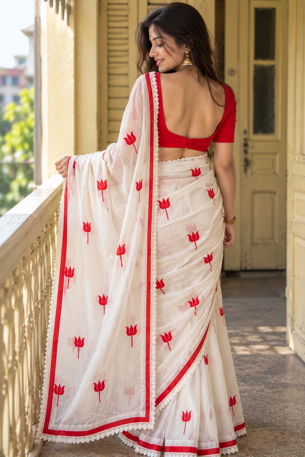 White Linen Saree with Red Tulip Print and Lace Border