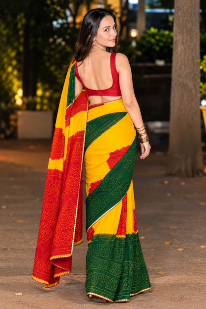 Vibrant Yellow, Red & Green Bandhani Printed Saree for Women
