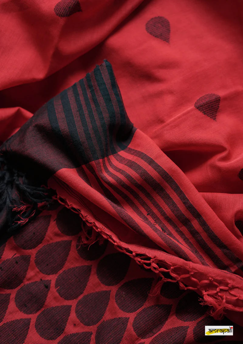 Ruby Red Linen Cotton Saree with Black Border