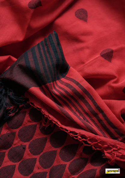 Ruby Red Linen Cotton Saree with Black Border