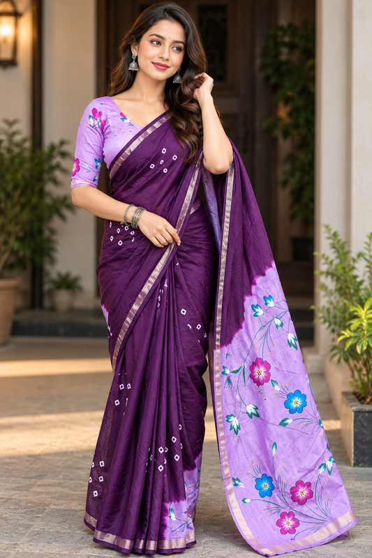 Elegant Purple Floral Printed Saree with Contrast Lavender Pallu