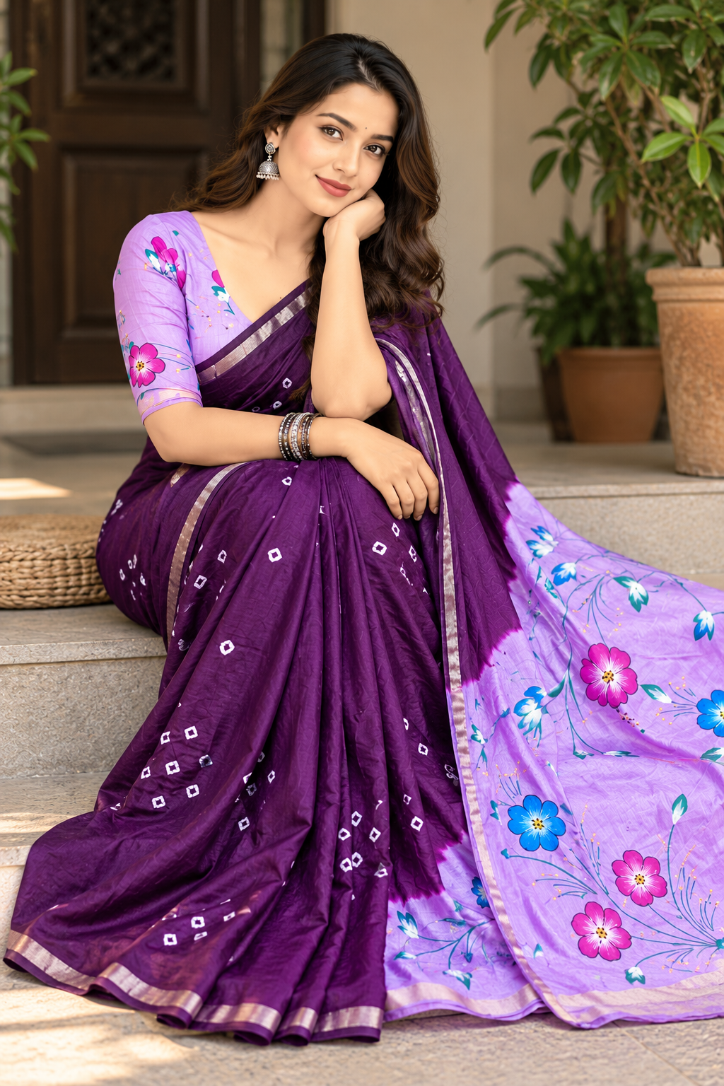 Elegant Purple Floral Printed Saree with Contrast Lavender Pallu