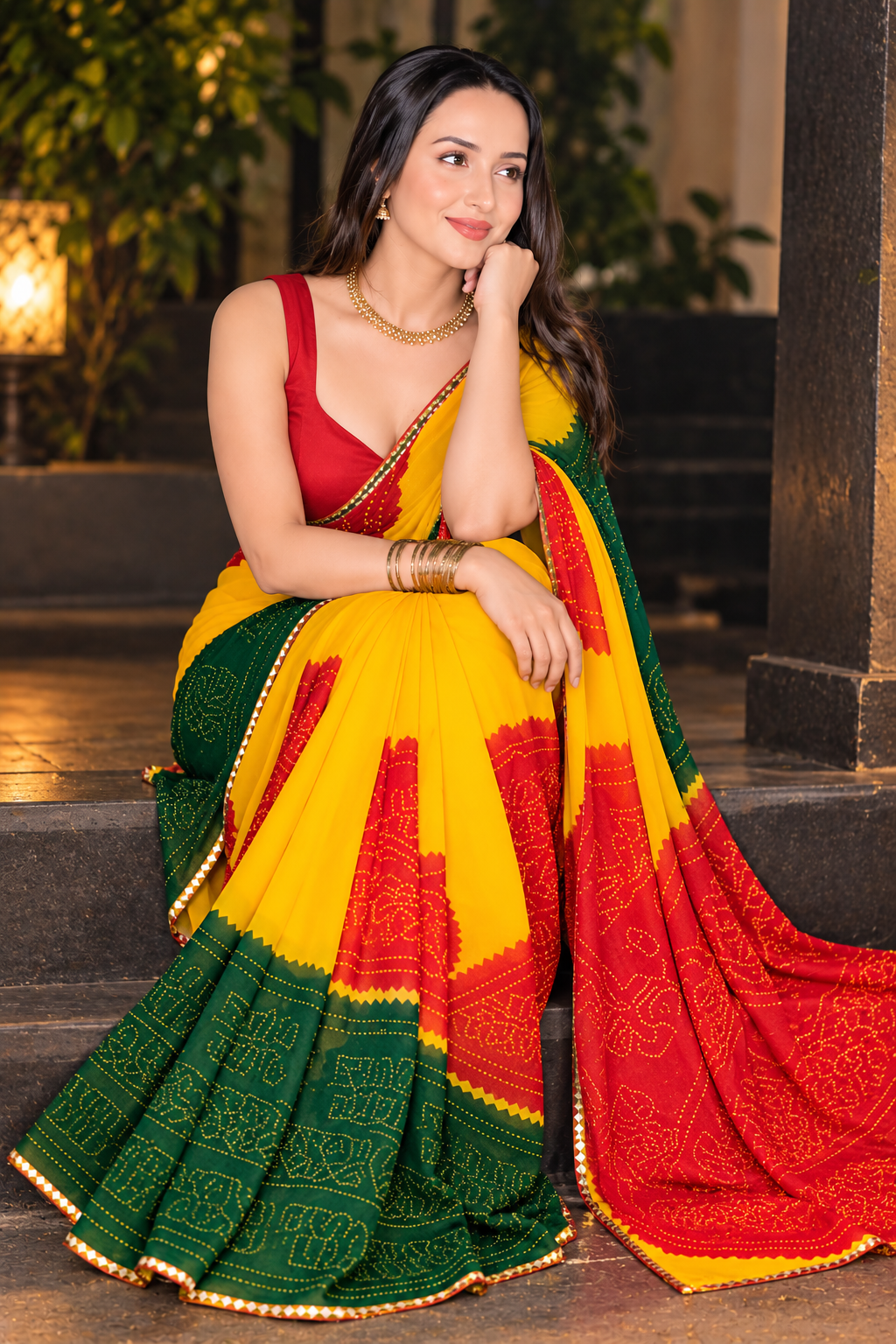 Vibrant Yellow, Red & Green Bandhani Printed Saree for Women