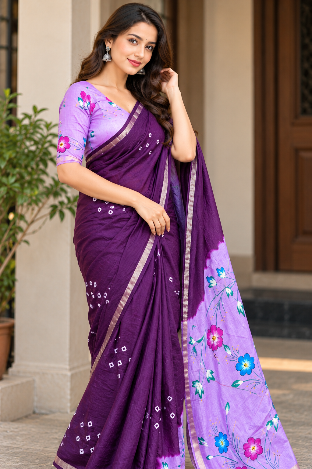 Elegant Purple Floral Printed Saree with Contrast Lavender Pallu