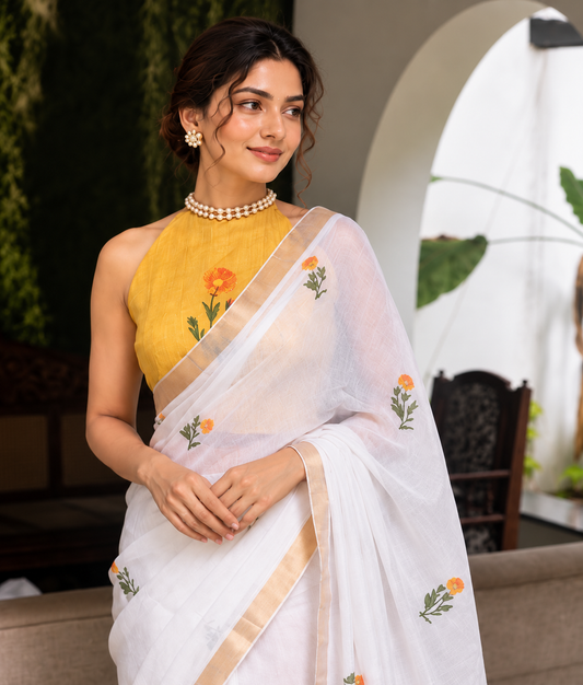White and Yellow Linen Ombre Saree with Floral Motifs
