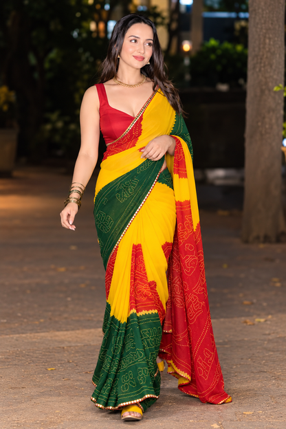 Vibrant Yellow, Red & Green Bandhani Printed Saree for Women