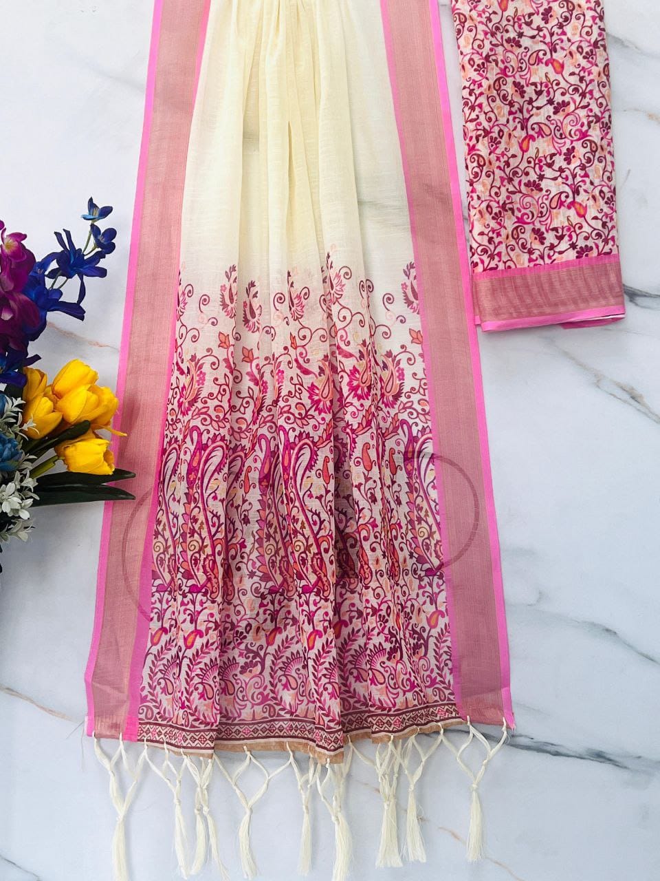 Cream & Blush Pink Linen Saree with Floral Printed Border & Elegant Pallu