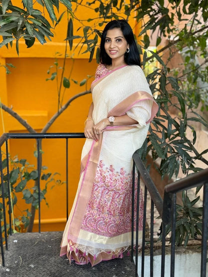 Cream & Blush Pink Linen Saree with Floral Printed Border & Elegant Pallu