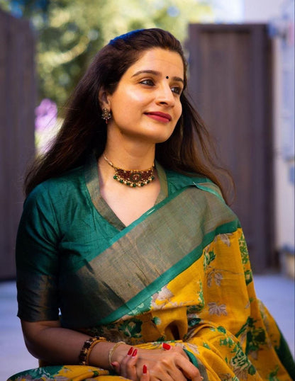 Mustard Yellow and Teal Green Linen Saree with Floral Print and Elegant Pallu