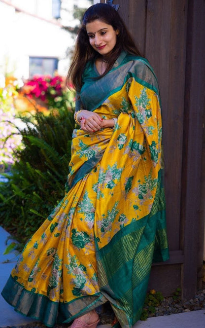 Mustard Yellow and Teal Green Linen Saree with Floral Print and Elegant Pallu