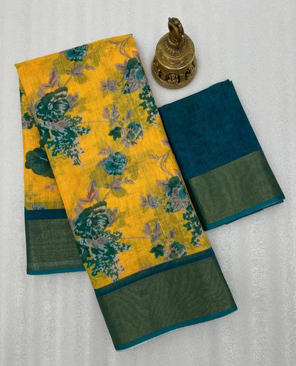 Mustard Yellow and Teal Green Linen Saree with Floral Print and Elegant Pallu