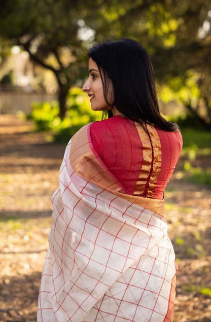 Off-White and Red Checkered Linen Saree with Zari Border