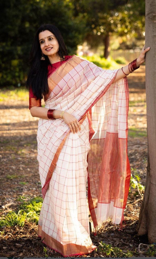 Off-White and Red Checkered Linen Saree with Zari Border