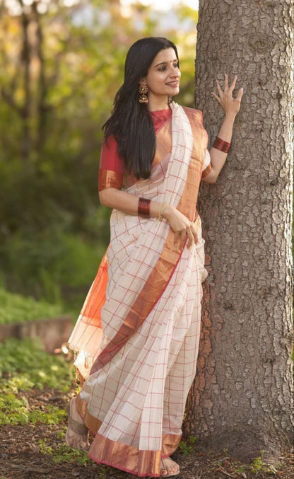 Off-White and Red Checkered Linen Saree with Zari Border