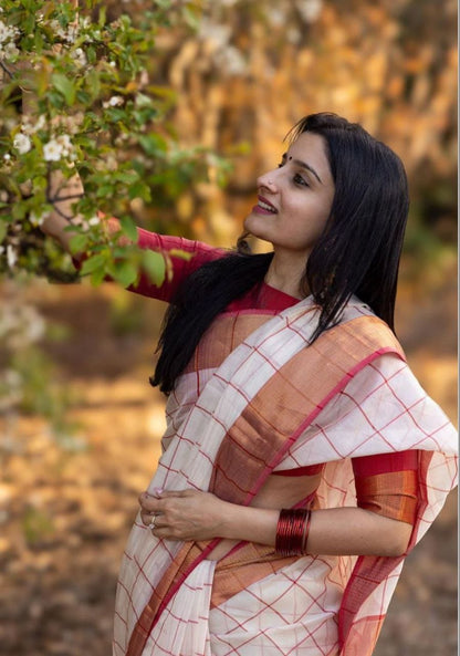 Off-White and Red Checkered Linen Saree with Zari Border