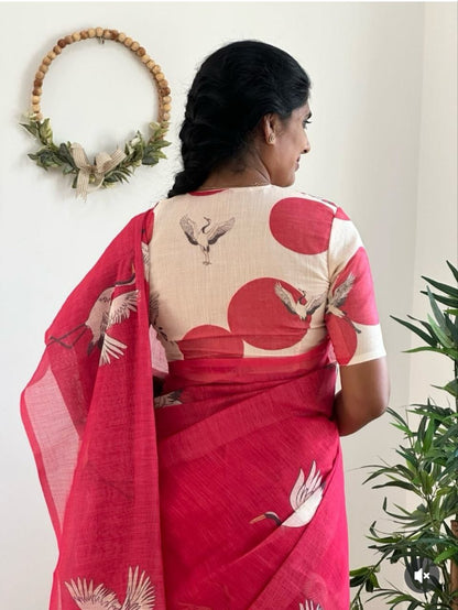 Fuchsia Pink Linen Crane Print Saree