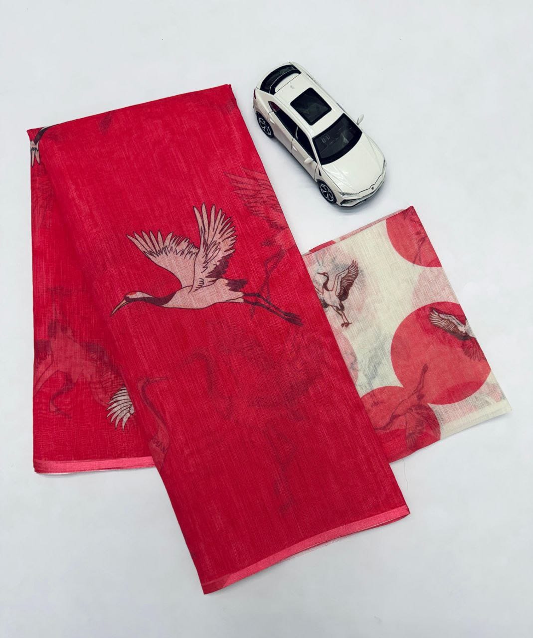 Fuchsia Pink Linen Crane Print Saree