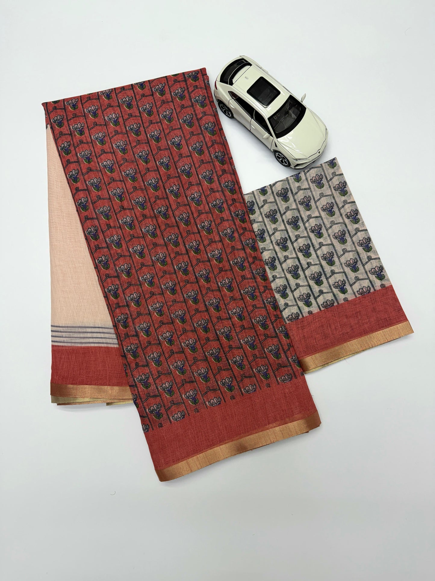 Cream and Rust Red Linen Saree with Block Print Motifs