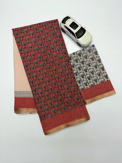 Cream and Rust Red Linen Saree with Block Print Motifs