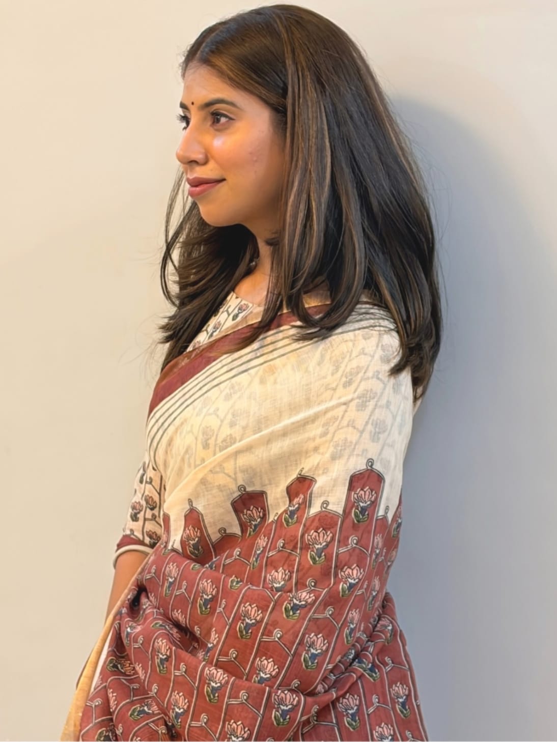 Cream and Rust Red Linen Saree with Block Print Motifs