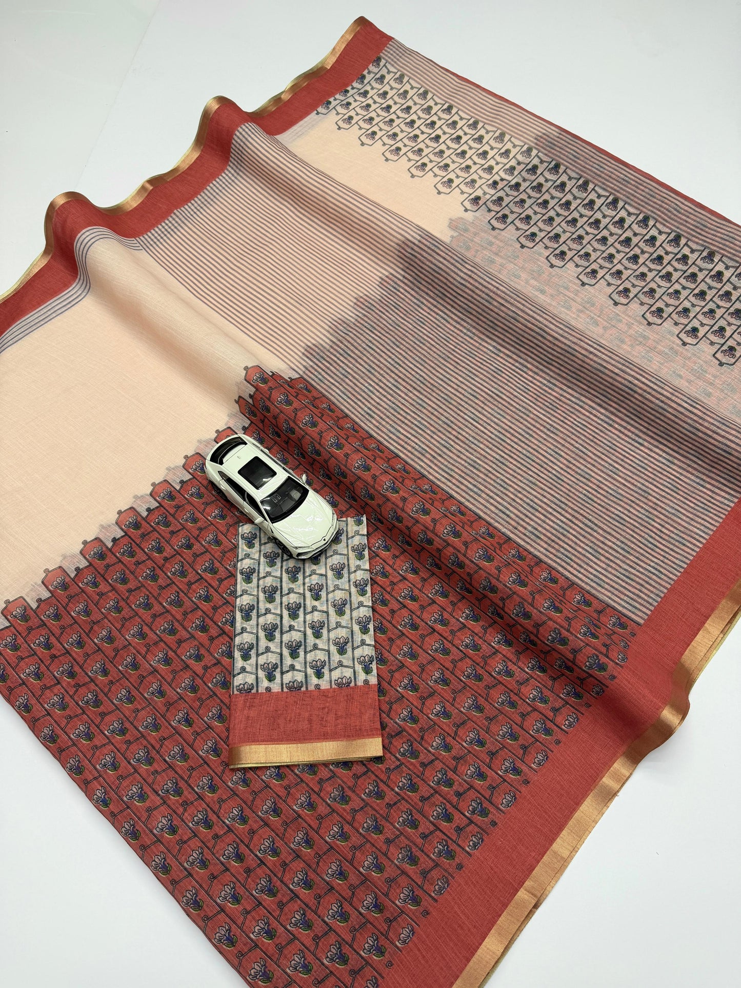 Cream and Rust Red Linen Saree with Block Print Motifs