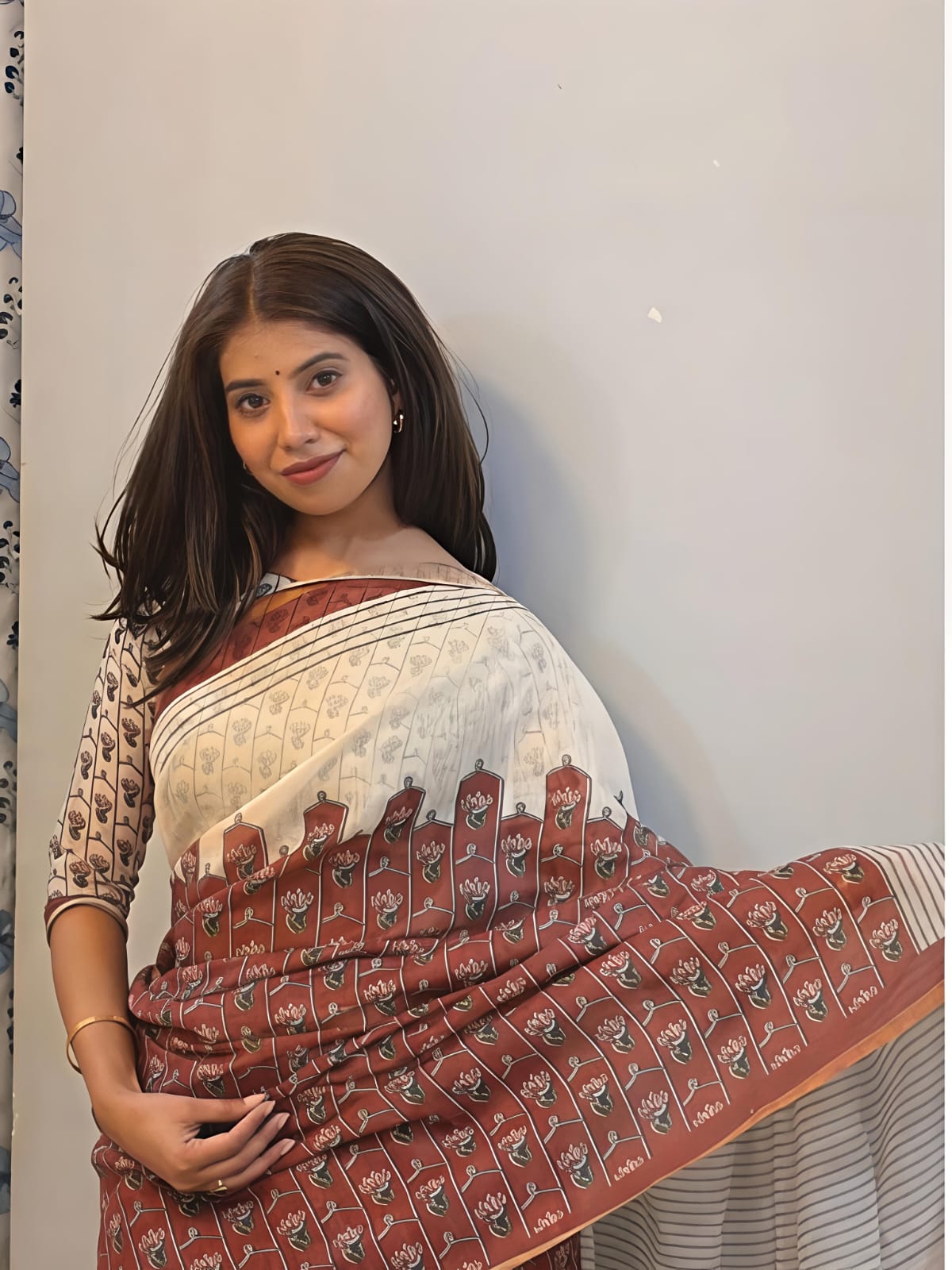 Cream and Rust Red Linen Saree with Block Print Motifs