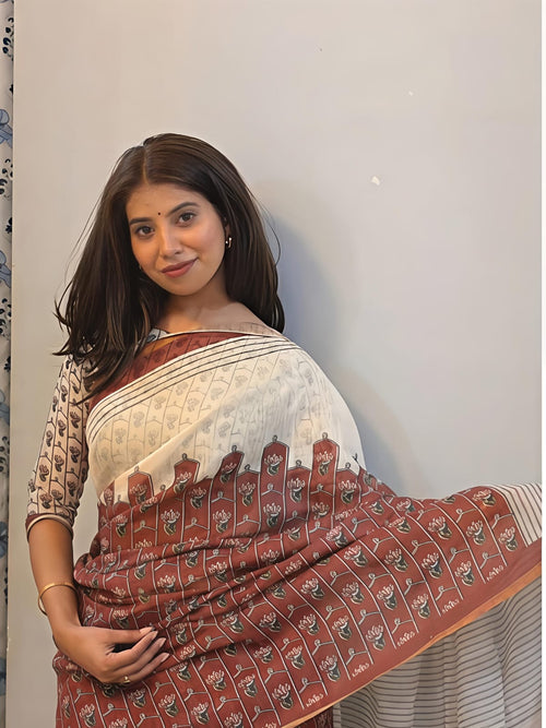 Cream and Rust Red Linen Saree with Block Print Motifs