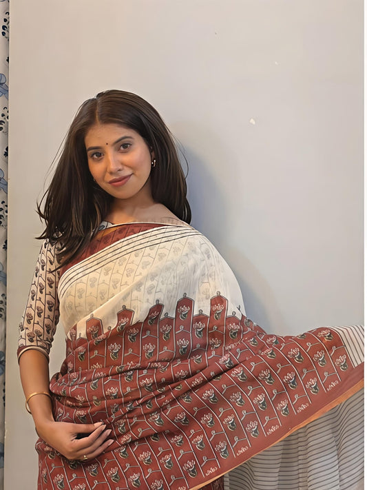 Cream and Rust Red Linen Saree with Block Print Motifs