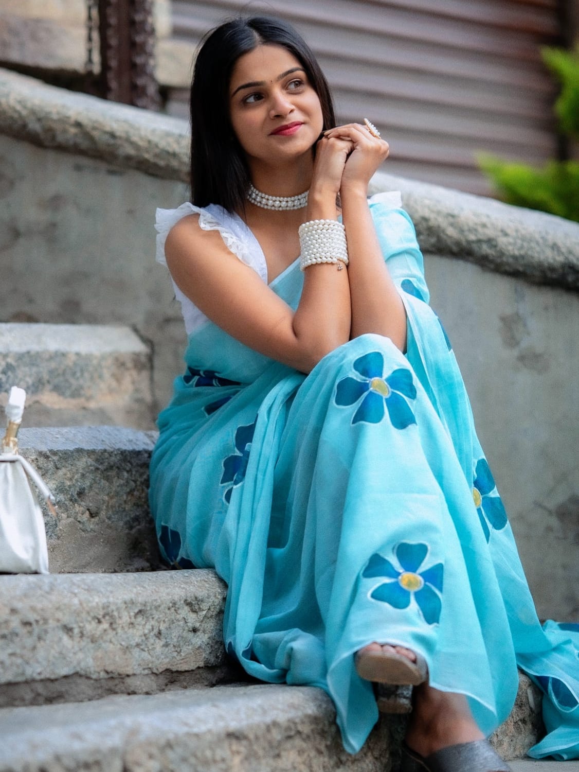 Light Blue Linen Saree with Large Floral Print