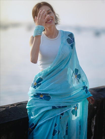Light Blue Linen Saree with Large Floral Print