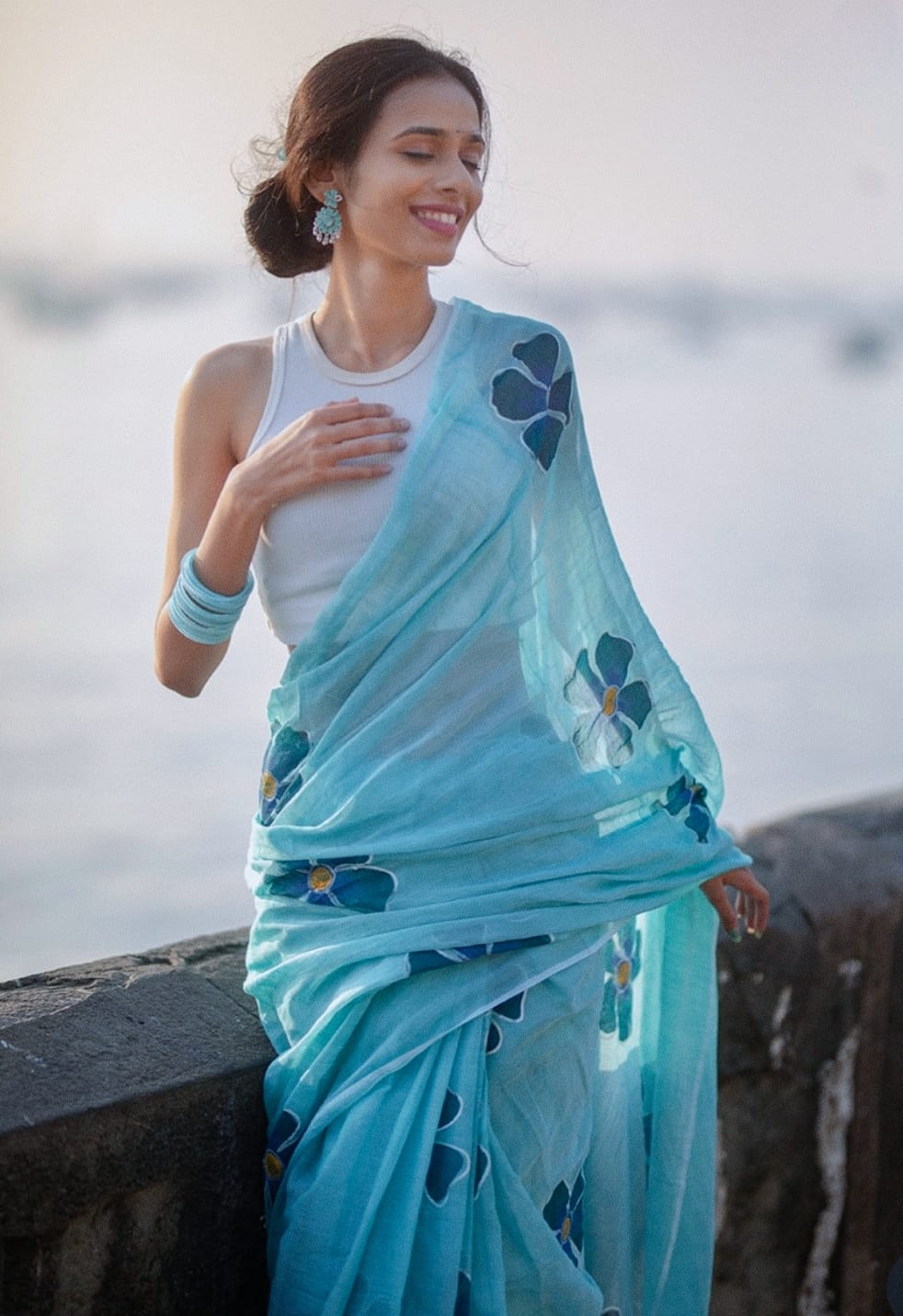 Light Blue Linen Saree with Large Floral Print