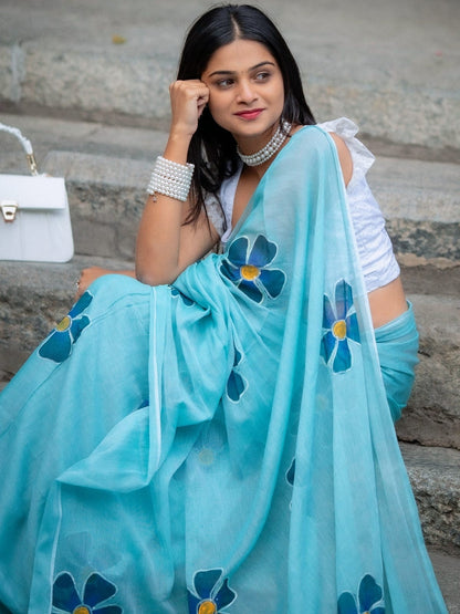 Light Blue Linen Saree with Large Floral Print