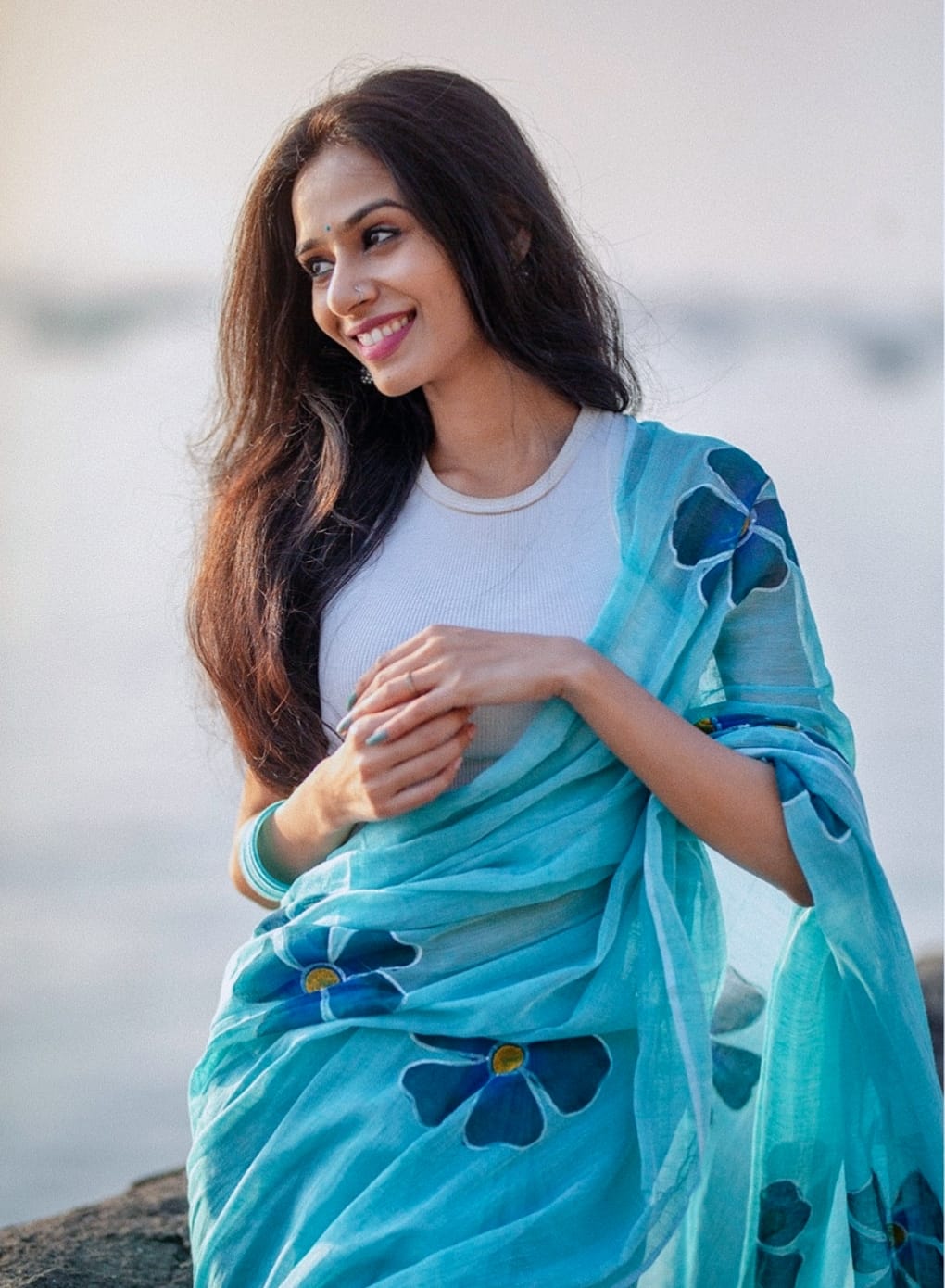 Light Blue Linen Saree with Large Floral Print