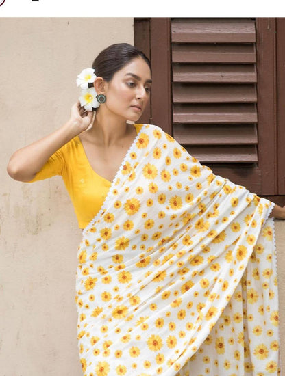 White and Yellow Linen Saree with Sunflower Print and Lace Border