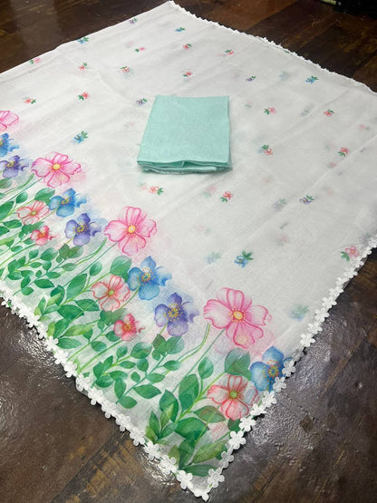 White Linen Saree with Watercolor Floral Border