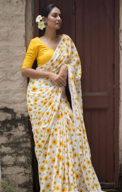White and Yellow Linen Saree with Sunflower Print and Lace Border