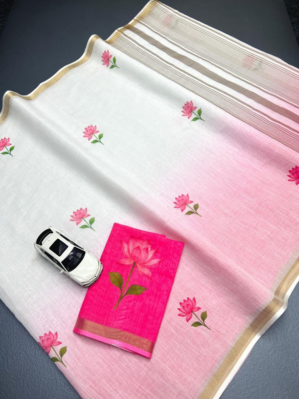 White and Pink Linen Lotus Print Ombre Saree