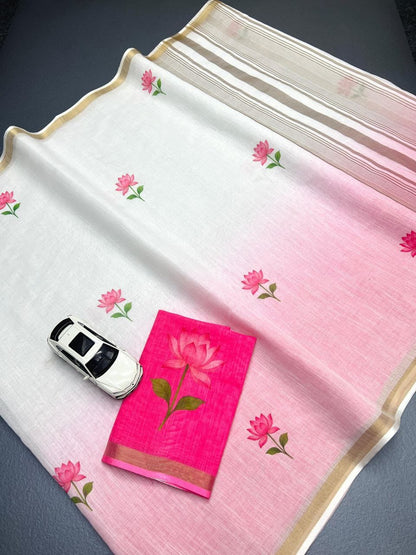 White and Pink Linen Lotus Print Ombre Saree