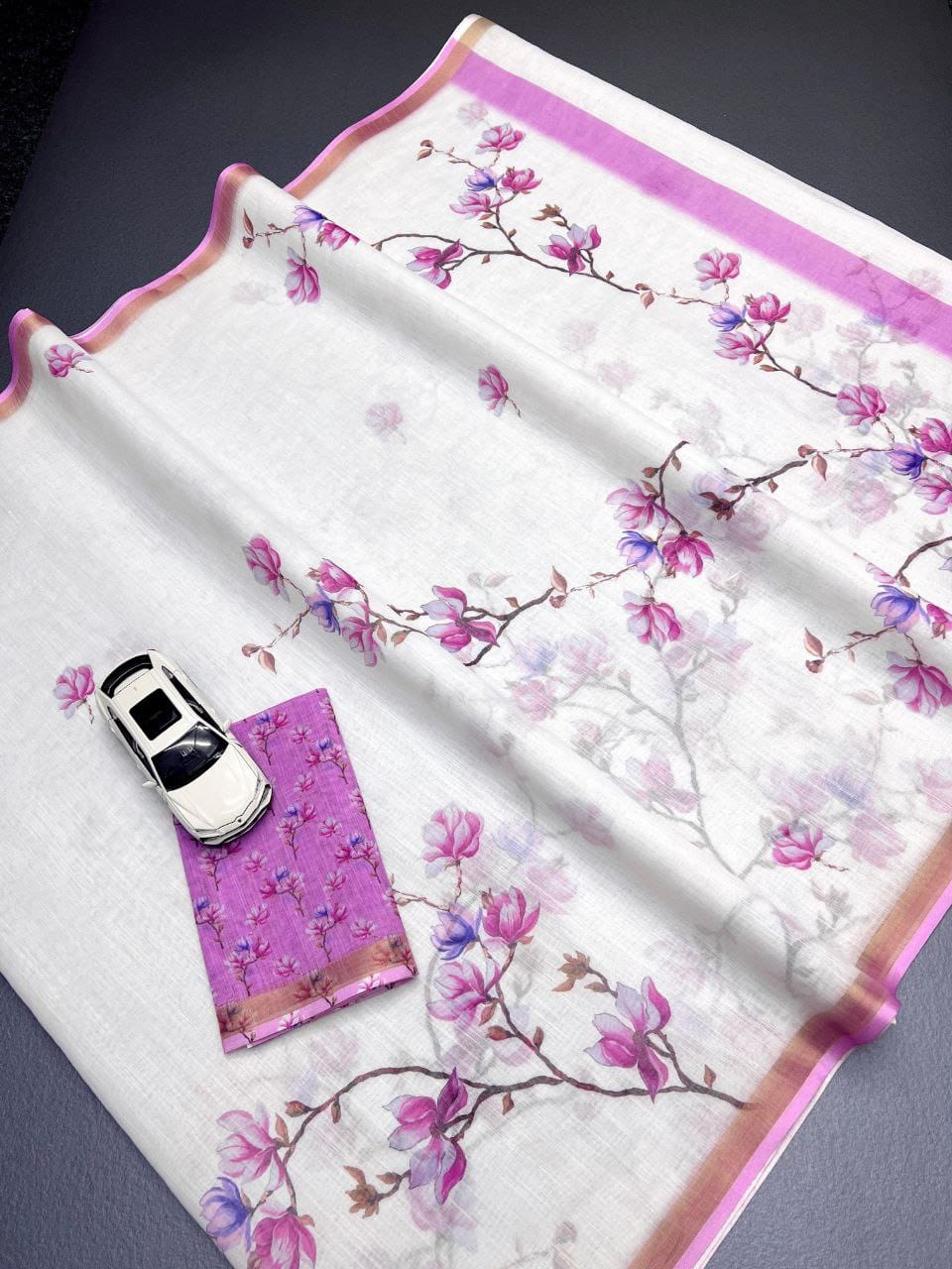 White and Purple Linen Saree with Floral Vine Print