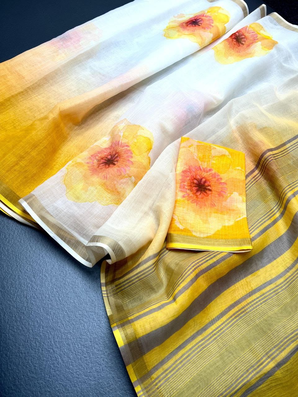 White and Yellow Linen Saree with Large Floral Prints