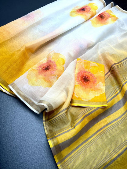 White and Yellow Linen Saree with Large Floral Prints