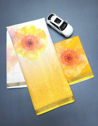 White and Yellow Linen Saree with Large Floral Prints