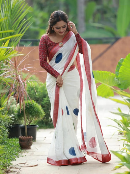 White and Red Linen Polka Dot Saree