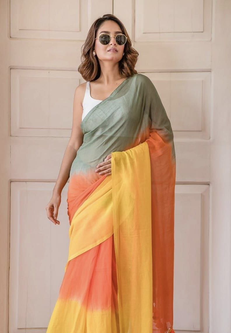 Sage Green, Orange and Yellow Linen Ombre Saree