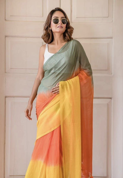 Sage Green, Orange and Yellow Linen Ombre Saree