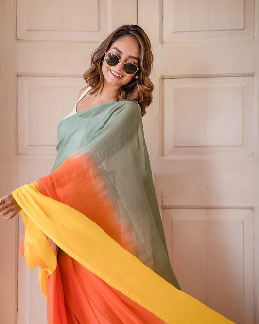 Sage Green, Orange and Yellow Linen Ombre Saree