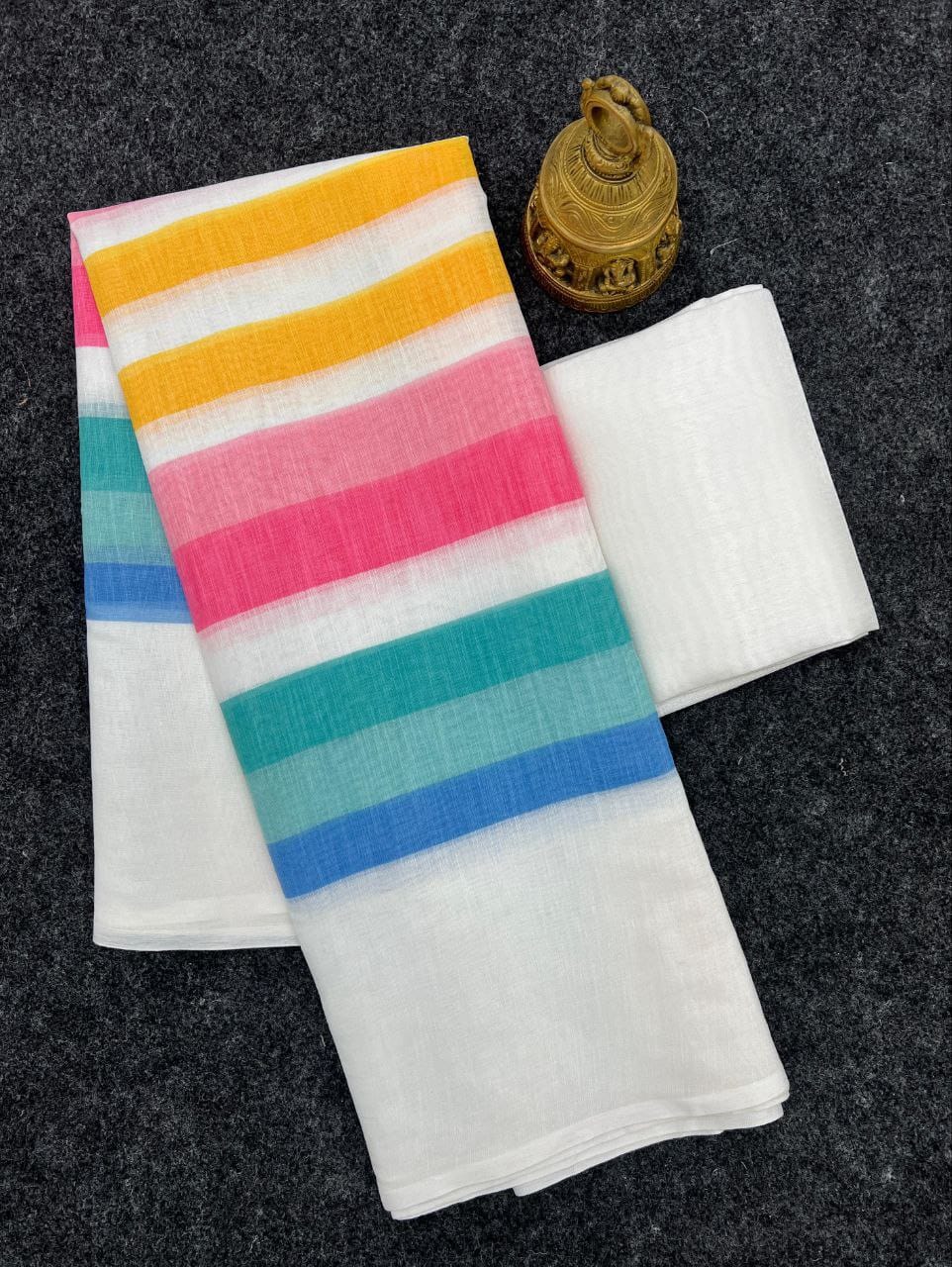 White Linen Saree with Pastel Rainbow Stripes