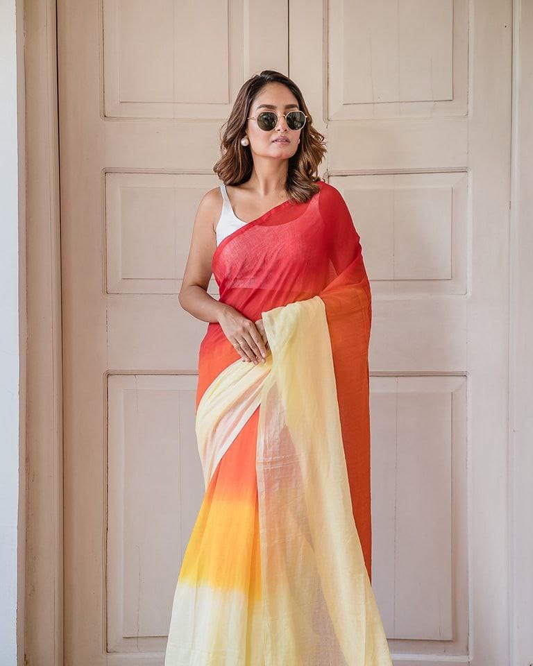 Red, Orange and Yellow Linen Ombre Saree