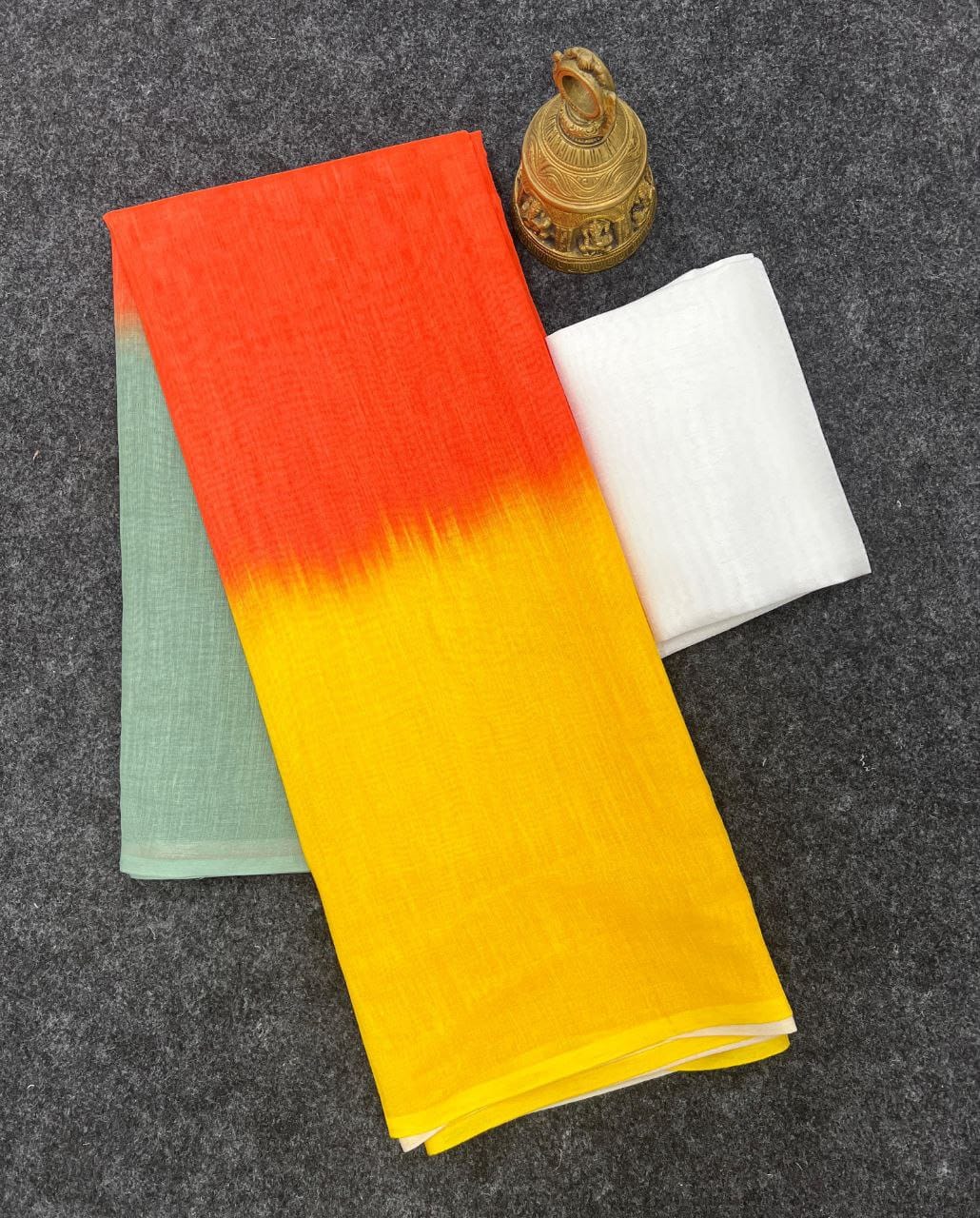 Sage Green, Orange and Yellow Linen Ombre Saree