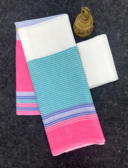 Pink and Pastel Linen Striped Saree